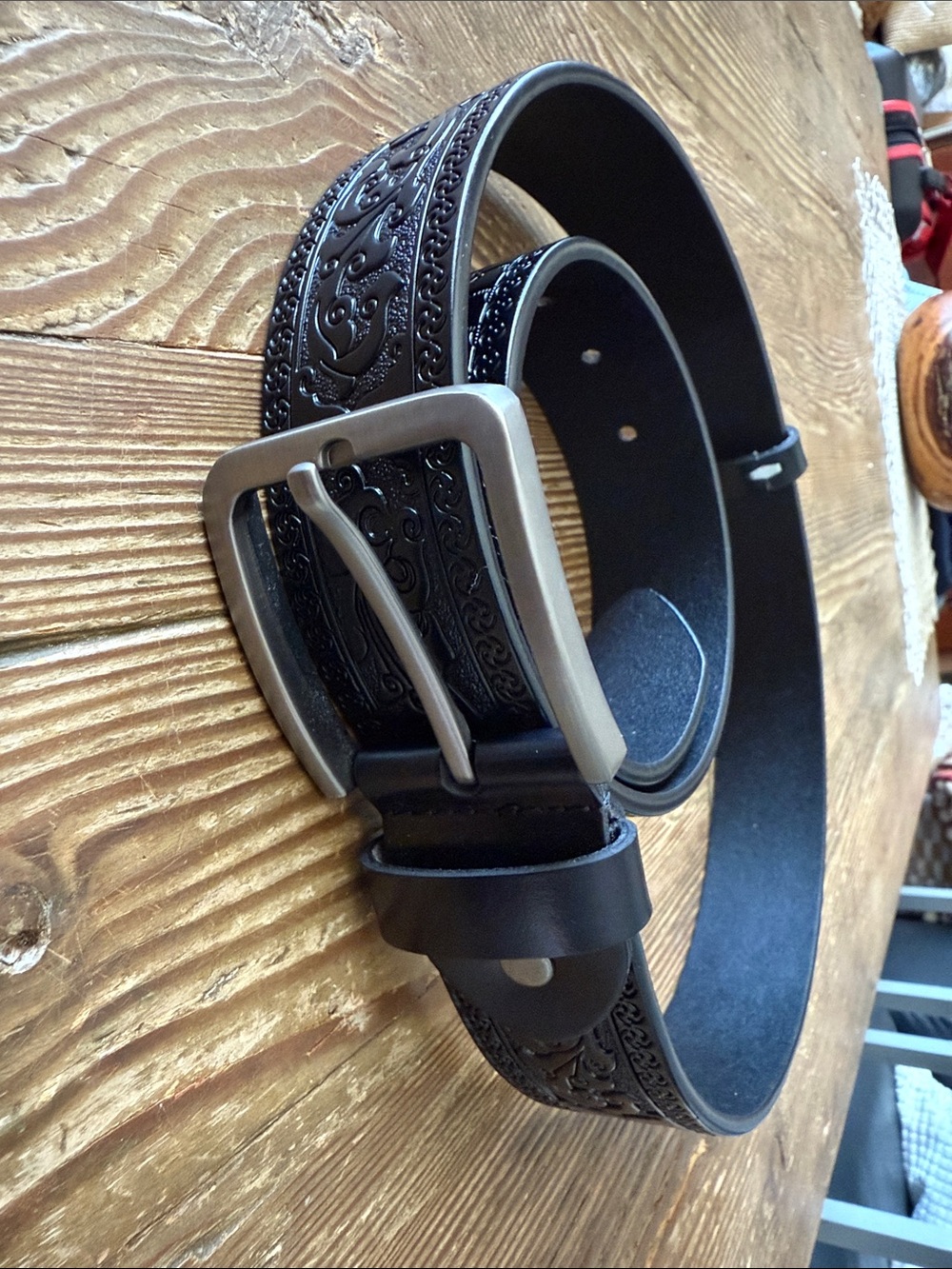 Classic Black Embossed Belt with Brushed Metal Buckle 46”
